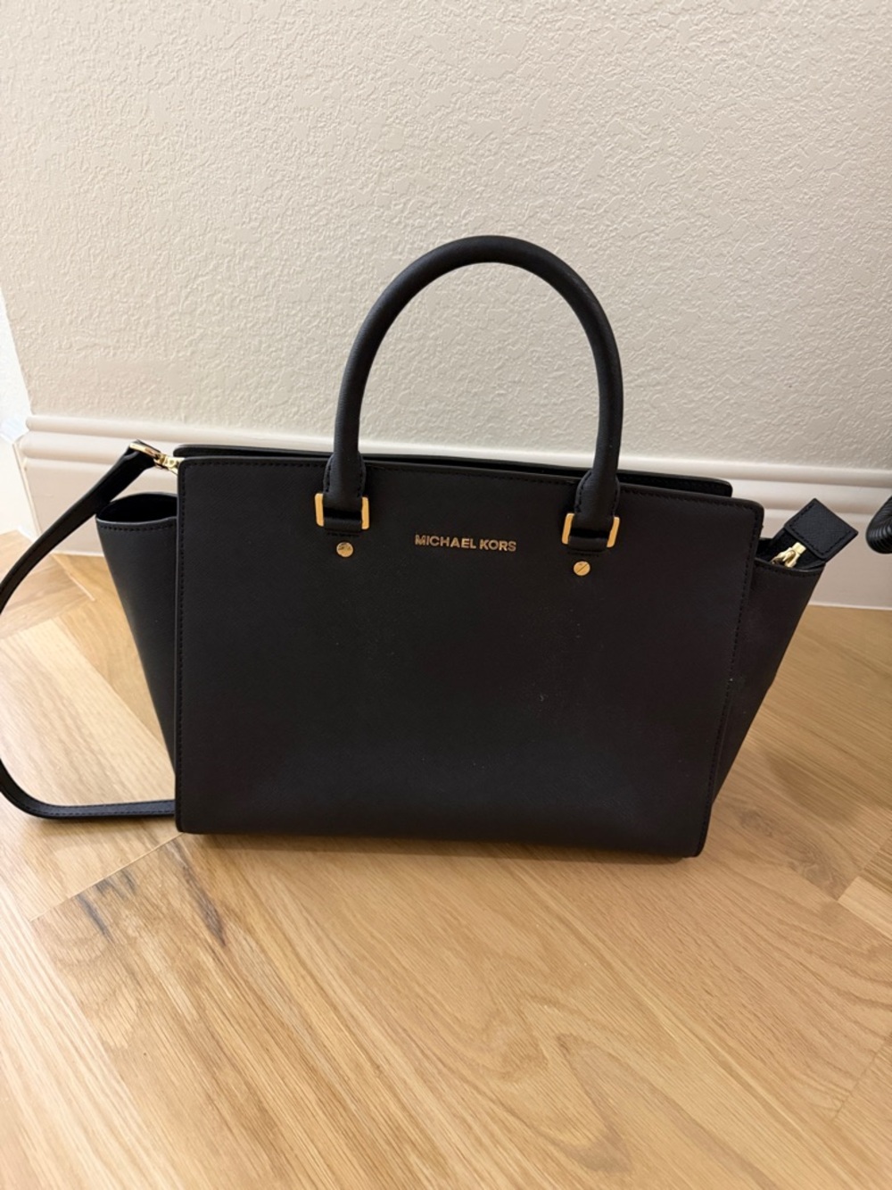 Michael Kors Black Leather Satchel with Gold Hardware